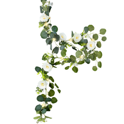 Faux eucalyptus and white peony garland with warm glowing LED lights on a white background - thumbnail number 1