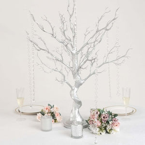 34" Artificial Metallic Silver Manzanita Tree Centerpiece – Easy Assembly with 8 Acrylic Bead Chains
