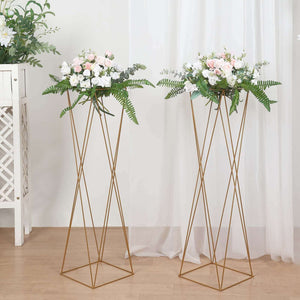 Set of 2 Gold Metal Pedestal Stands – 32" Open Column Wedding Centerpieces with Geometric Crisscross Design