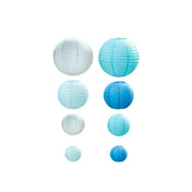 Assorted blue paper lanterns in different sizes on white background - thumbnail number 1
