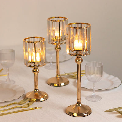 Gold Crystal Pendant Hurricane Candle Holders – Set of 3 Elegant Cylindrical Table Centerpieces for Pillar Candles, 11", 13", 15" - thumbnail number 2