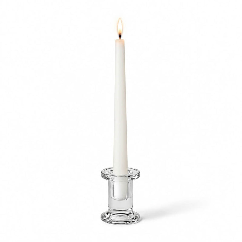 Simple Glass Taper Candle Holder holding a single lit white candle on a solid white background - thumbnail number 3