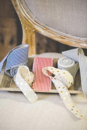 Richland Ribbon Linen Fringed Edge 2" x 5 Yards with Red Lines Set of 12