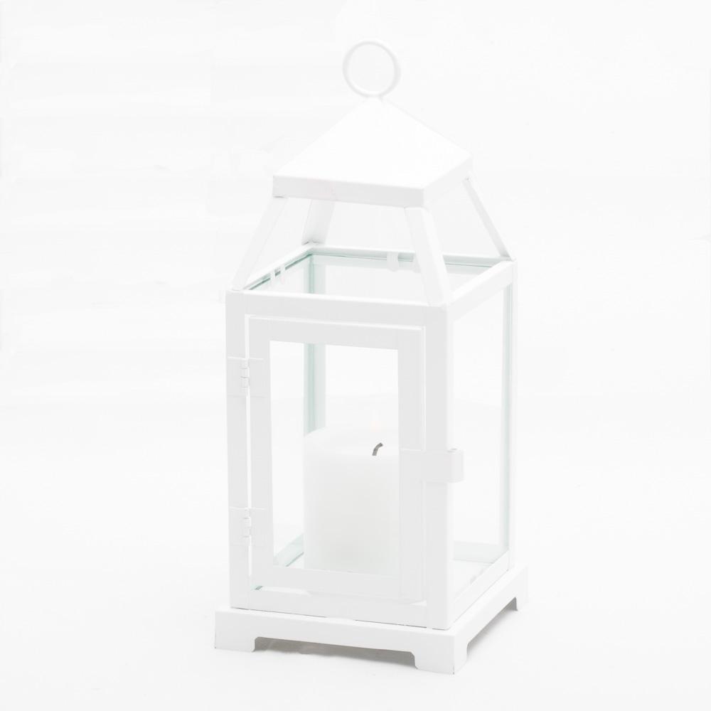 richland white contemporary metal lantern with clear glasses smallRichland White Contemporary Metal Lantern with Clear Glasses - Small