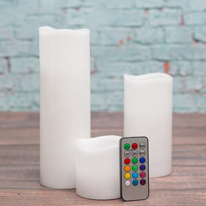 Richland Flameless LED Remote Control Wavy Top Pillar Candle White 3"x3", 3"x6", 3"x9" Set of 18