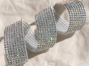 Iridescent Diamond Ribbon Trim with Glass Stones Silver Setting 1-1/8in x 18-1/2"