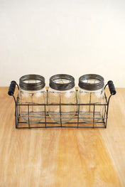 Wire Basket with 3 Glass Mason Jars with Frog Lids - thumbnail number 1