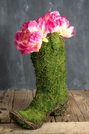 Moss Covered Cowboy Boot Topiary Pot 13in