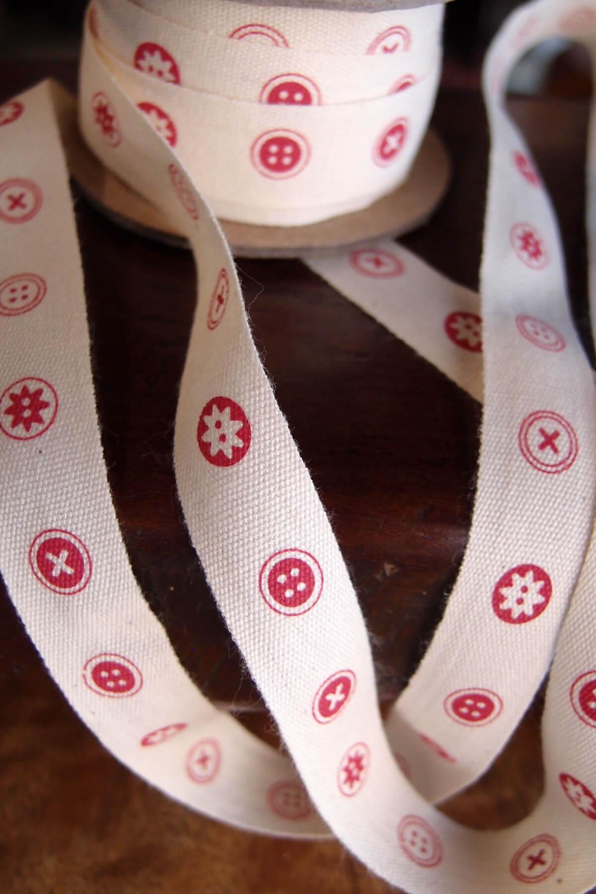 Red Button Cotton Ribbon 5/8in x 10yd Red & Ivory