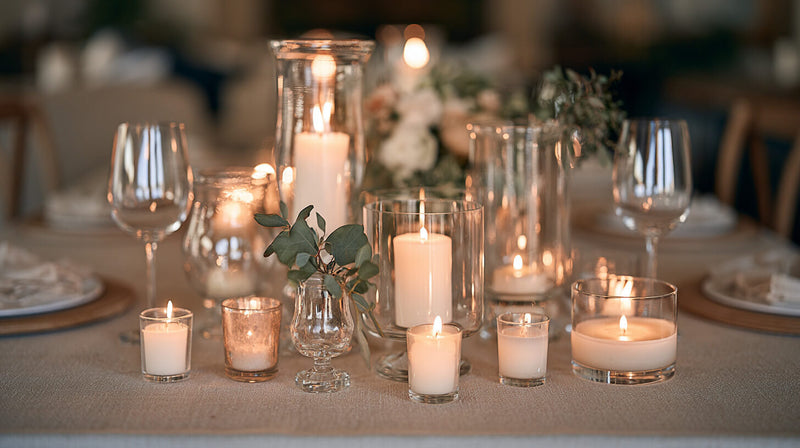 Different types of candle holders including tealight, votive, taper, pillar, hurricane, cylinder, and floating candle holders.