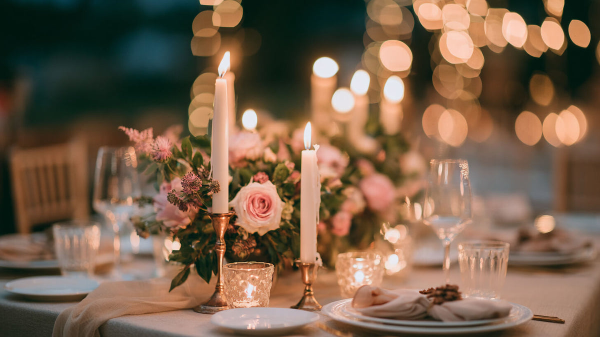 Dripless taper candles burning cleanly in holders on an elegant dining ta