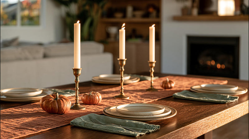 Thanksgiving table decor with ivory taper candles, brass holders, terracotta runner, and autumn pumpkins