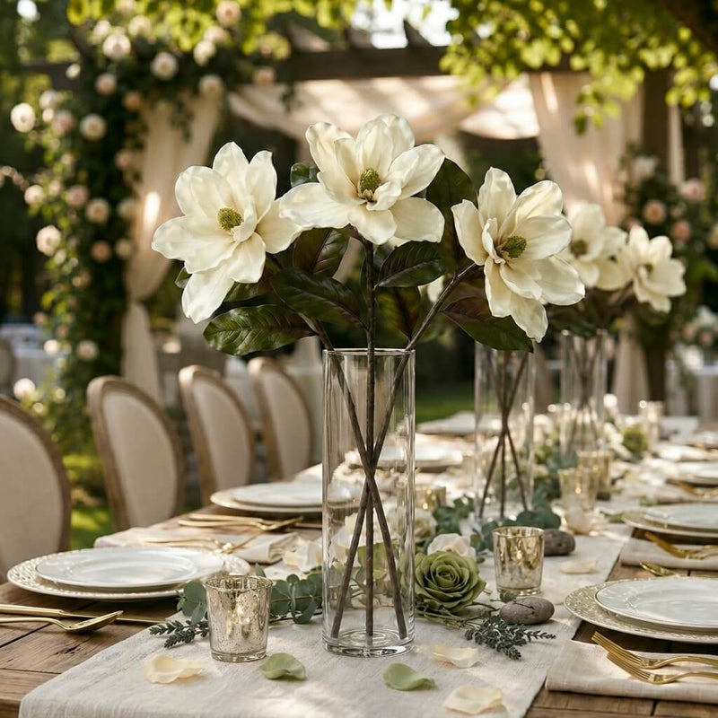 34" Deluxe Silk Magnolia Spray bouquet in a glass vase centerpiece on an outdoor wedding table - thumbnail number 3