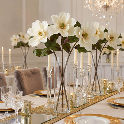 34" Deluxe Silk Magnolia Spray bouquet in a glass vase centerpiece on a decorated dining table - thumbnail number 4