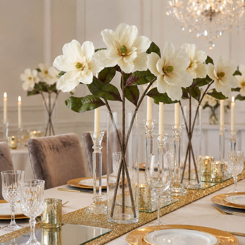 34" Deluxe Silk Magnolia Spray bouquet in a glass vase centerpiece on a decorated dining table - thumbnail number 4