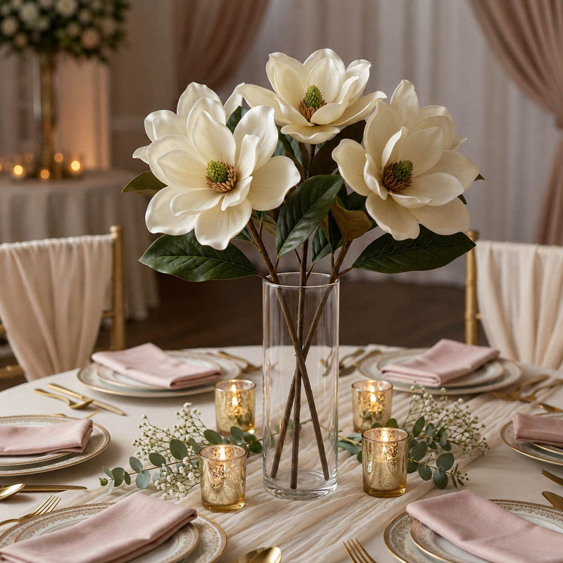 34" Deluxe Silk Magnolia Spray bouquet in a glass vase centerpiece on a formal wedding table - thumbnail number 5