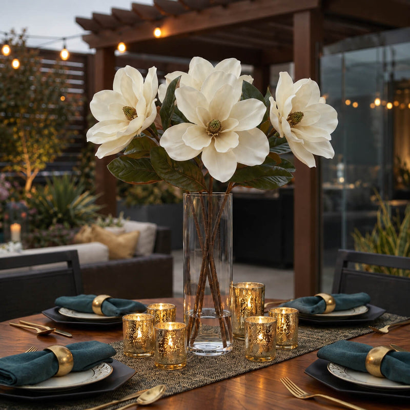 34" Deluxe Silk Magnolia Spray bouquet in a glass vase centerpiece on an outdoor patio dining table - thumbnail number 6