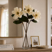 34" Deluxe Silk Magnolia Spray bouquet in a glass vase on a wooden console table - thumbnail number 8