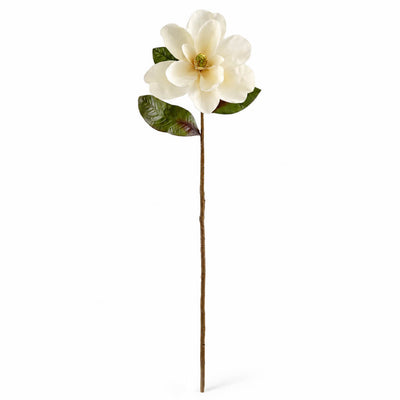 Single 34" Deluxe Silk Magnolia Spray stem with a white flower and green leaves on white - thumbnail number 1