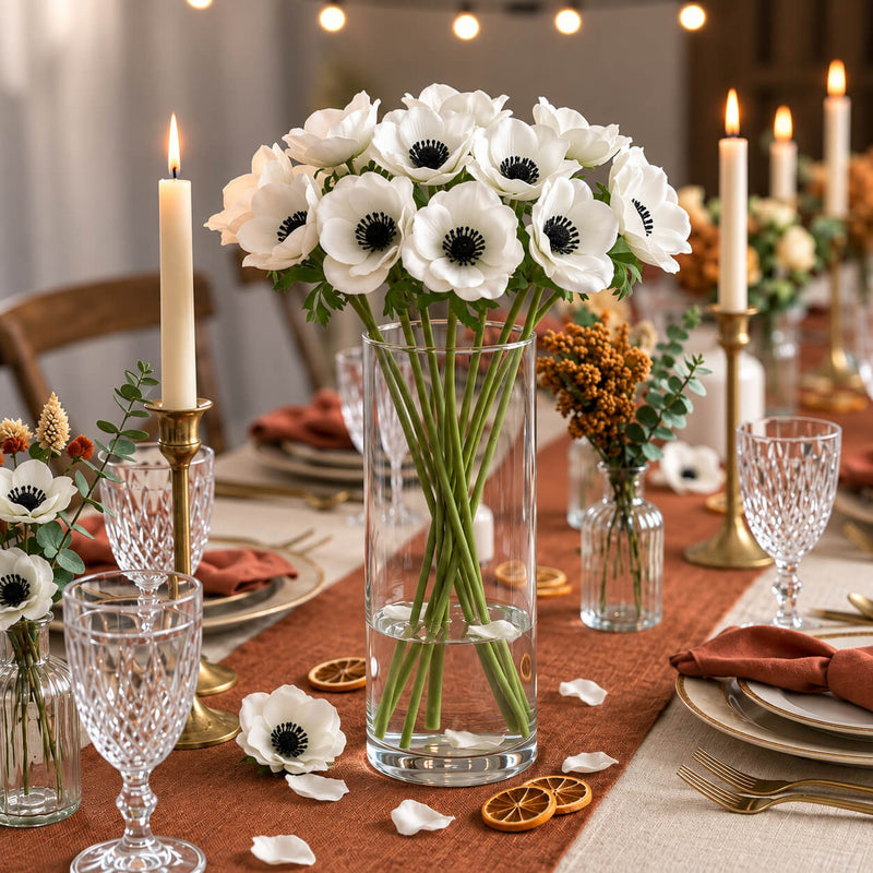 15" White Anemone Flower bouquet in a glass vase centerpiece on a candlelit dining table - thumbnail number 4
