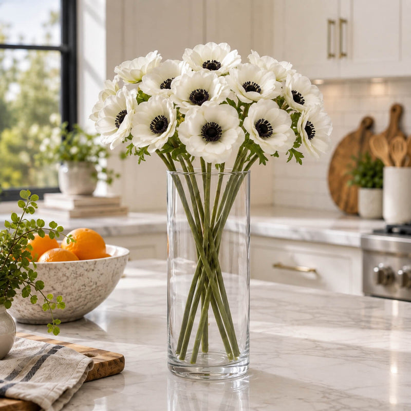15" White Anemone Flower bouquet in a glass vase on a kitchen counter - thumbnail number 6