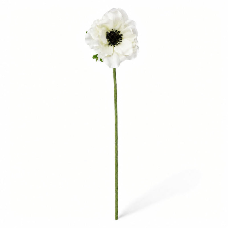 Single 15" White Anemone Flower stem with a dark center against a plain white background - thumbnail number 1