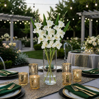 Cream white gladiolus flower spray in a glass vase on an outdoor table setup - thumbnail number 6