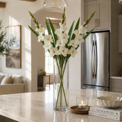 Alt text: White gladiolus flower spray in a glass cylinder vase on a kitchen counter - thumbnail number 7