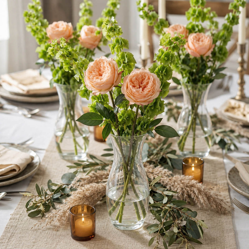 Peach garden roses with green fillers in a glass vase - thumbnail number 4