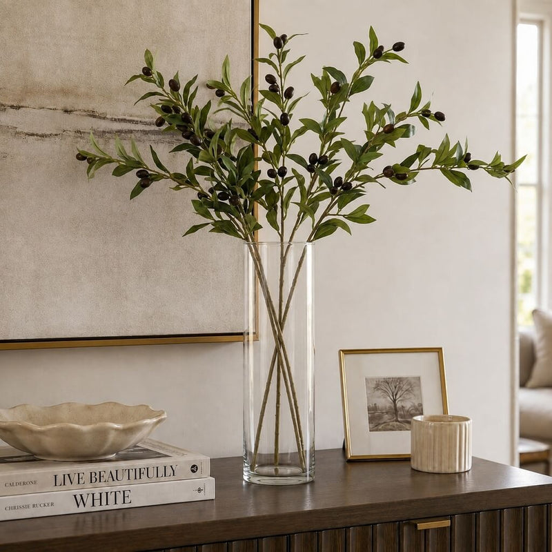 A tall glass vase of 31.5" olive branches on a console table - thumbnail number 8