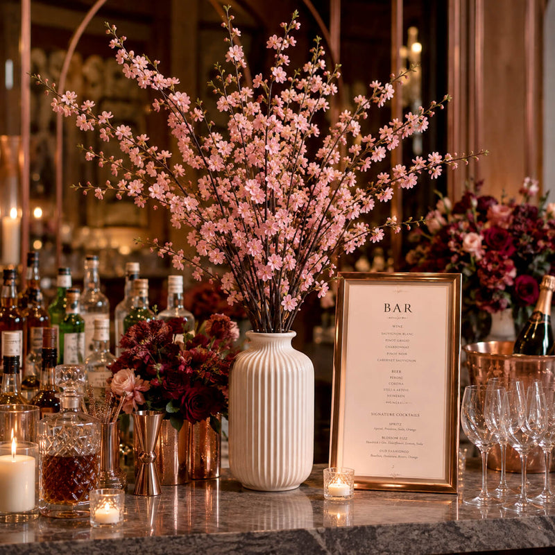 45" pink cherry blossom branches in a white vase on a bar setup - thumbnail number 5
