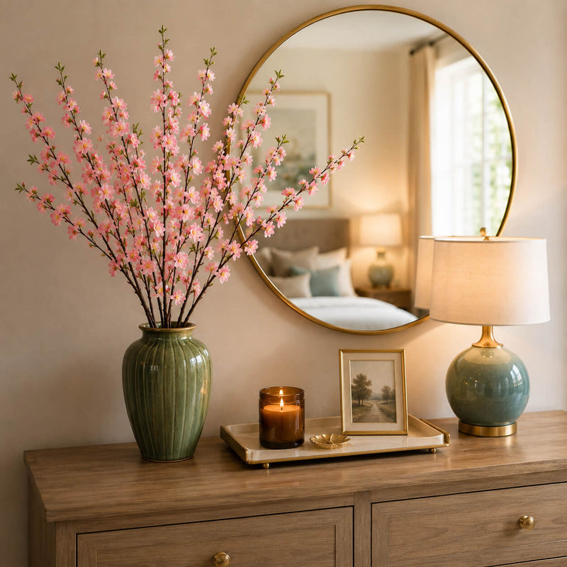 A green vase of pink cherry blossom branches sits on a console table - thumbnail number 9