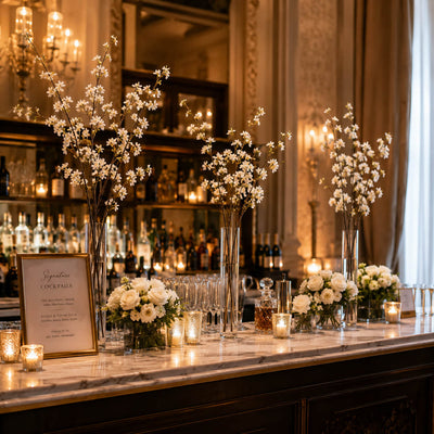 White cherry blossom branches in vases on a bar setup - thumbnail number 3