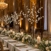 White cherry blossom branches in tall glass vases as wedding table centerpieces - thumbnail number 5