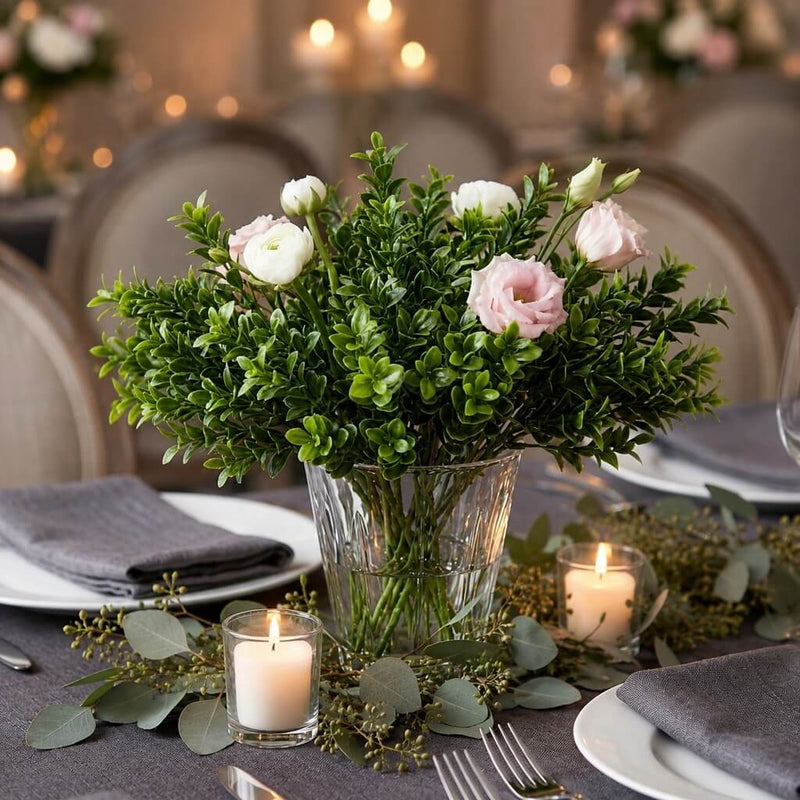 Green boxwood sprays with pink and white flowers in a glass vase - thumbnail number 4