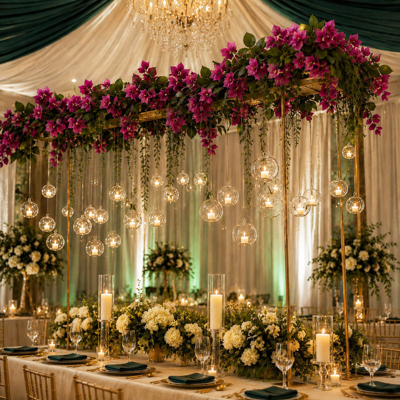 Bougainvillea garland suspended over a wedding table with hanging candles - thumbnail number 5