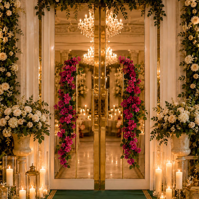 Bougainvillea garlands decorate the handles of grand mirrored doors - thumbnail number 6