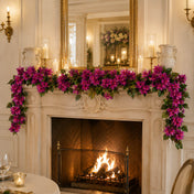 Bougainvillea garland draped across a mantelpiece with a fireplace - thumbnail number 2