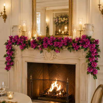 Bougainvillea garland draped across a mantelpiece with a fireplace - thumbnail number 2