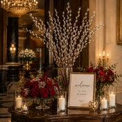 Pussy willow branches and red roses decorate a welcome table - thumbnail number 4