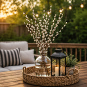 Pussy willow branches in a glass vase on a tray with a lantern - thumbnail number 6