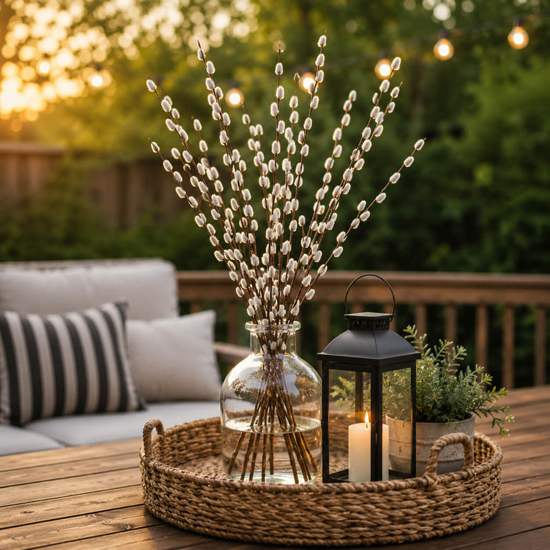 Pussy willow branches in a glass vase on a tray with a lantern - thumbnail number 6