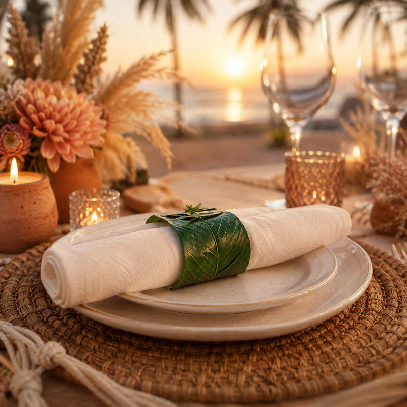 Banana leaf napkin ring holding a napkin on a plate at a beach sunset table setting - thumbnail number 7