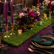 Faux moss leaf and twig mat styled as a table runner with burgundy candles and floral centerpiece - thumbnail number 2