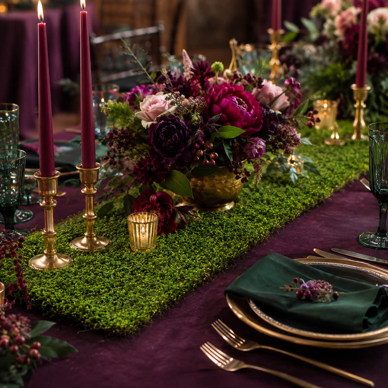 Faux moss leaf and twig mat styled as a table runner with burgundy candles and floral centerpiece - thumbnail number 2