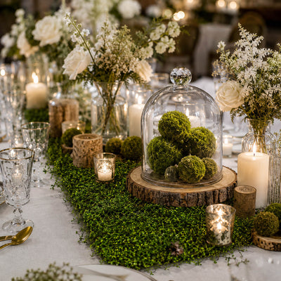 Faux moss leaf and twig mat styled as a table runner with moss spheres and candles - thumbnail number 4