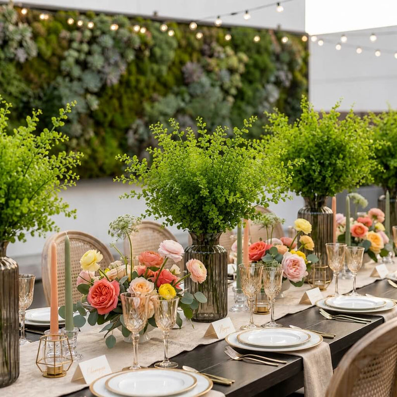 18" artificial maidenhair fern bush in a glass vase on a festive outdoor dining table - thumbnail number 3