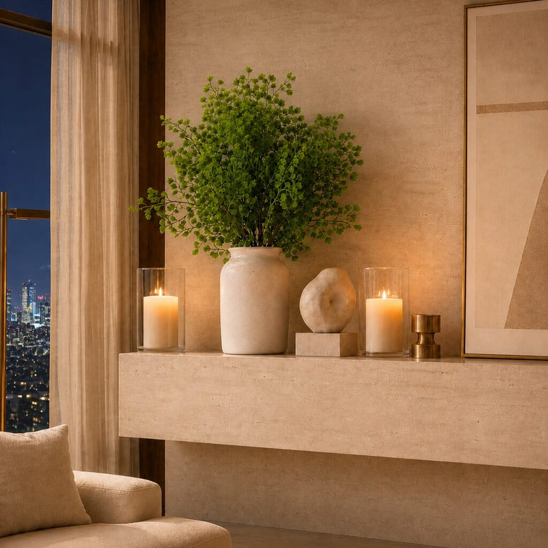 18" artificial maidenhair fern bush in a ceramic vase on a mantel with lit candles - thumbnail number 8