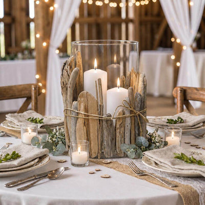 Glass candleholder wrapped with driftwood pieces as a rustic table centerpiece - thumbnail number 3