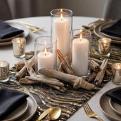 Glass cylinder candles surrounded by driftwood on a sequin table runner - thumbnail number 5